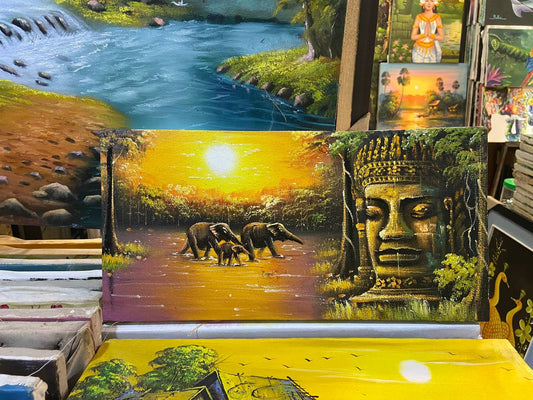 Tableau Promenade d'une famille Eléphant à Bayon 40 x 20 cm (avec châssis)