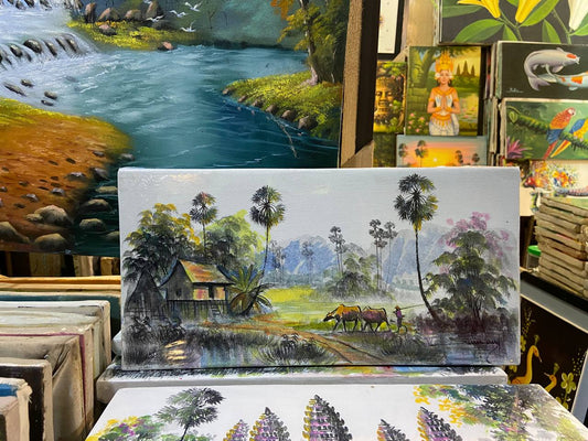 Tableau Village rural Agriculteur et ces deux vaches 40 x 20 cm Couleur (avec châssis)