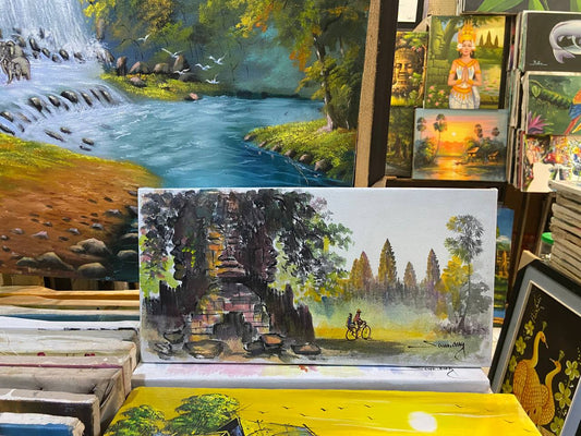 Tableau Balade en vélo à Angkor et Bayon 40 x 20 cm (avec châssis)
