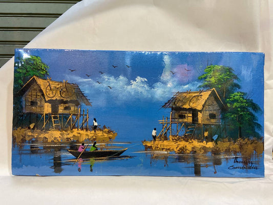 Tableau Deux maisons au matin sur Tonlé Sap 40 x 20 cm (avec châssis)