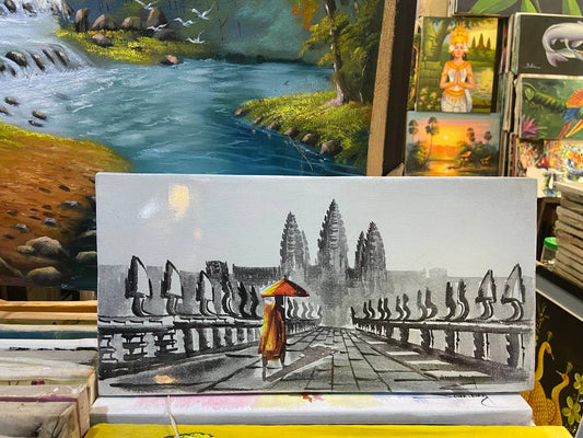 Tableau La Marche d'un Bonze à Angkor 40 x 20 cm (avec châssis)