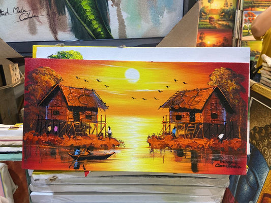 Tableau Deux maisons avec un coucher du soleil sur Tonlé Sap 40 x 20 cm (avec châssis)