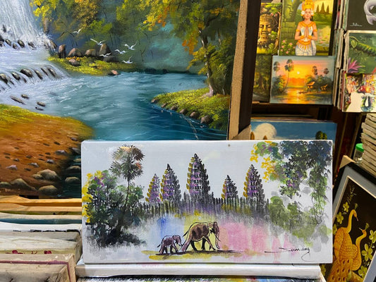 Tableau Angkor Wat avec Elephants 20x40cm ( Avec châssis )