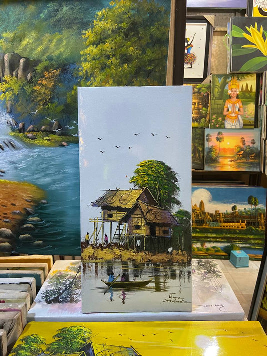 Tableau Vertical Maison sur Tonlé Sap 20 x 40 cm (avec châssis)