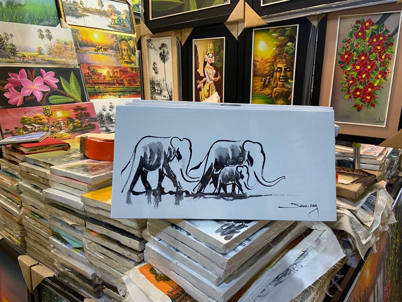 Tableau Famille éléphants 40 x 20 cm (avec châssis)