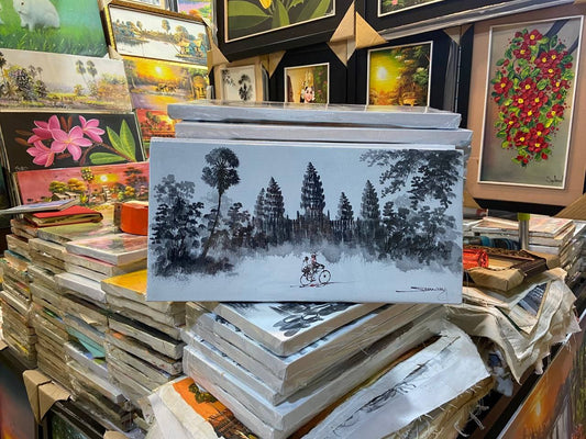 Tableau Balade en vélo à Angkor Wat 40 x 20 cm (avec châssis)