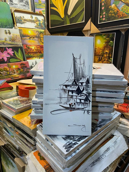 Tableau Maison sur Tonlé Sap 40 x 20 cm Noir et Blanc Vertical (avec châssis)