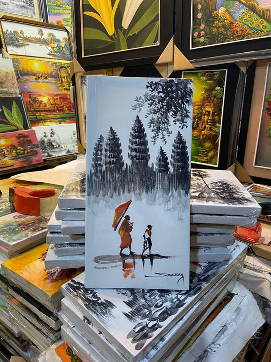 Tableau Jeune accompagne un Bonze à Angkor Wat 40 x 20 cm Vertical (avec châssis)