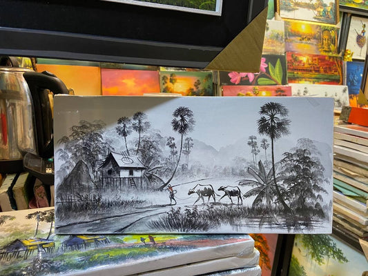 Tableau Village rural Agriculteur ramenant ces deux vaches 40 x 20 cm Noir et Blanc (avec châssis)